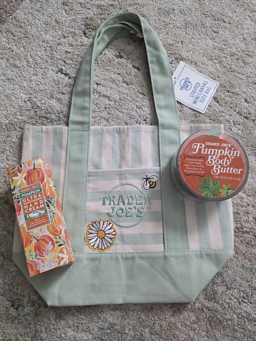 Trader Joe's Upcycle Mini Green Striped Tote Bag with Pumpkin Lotion Set
